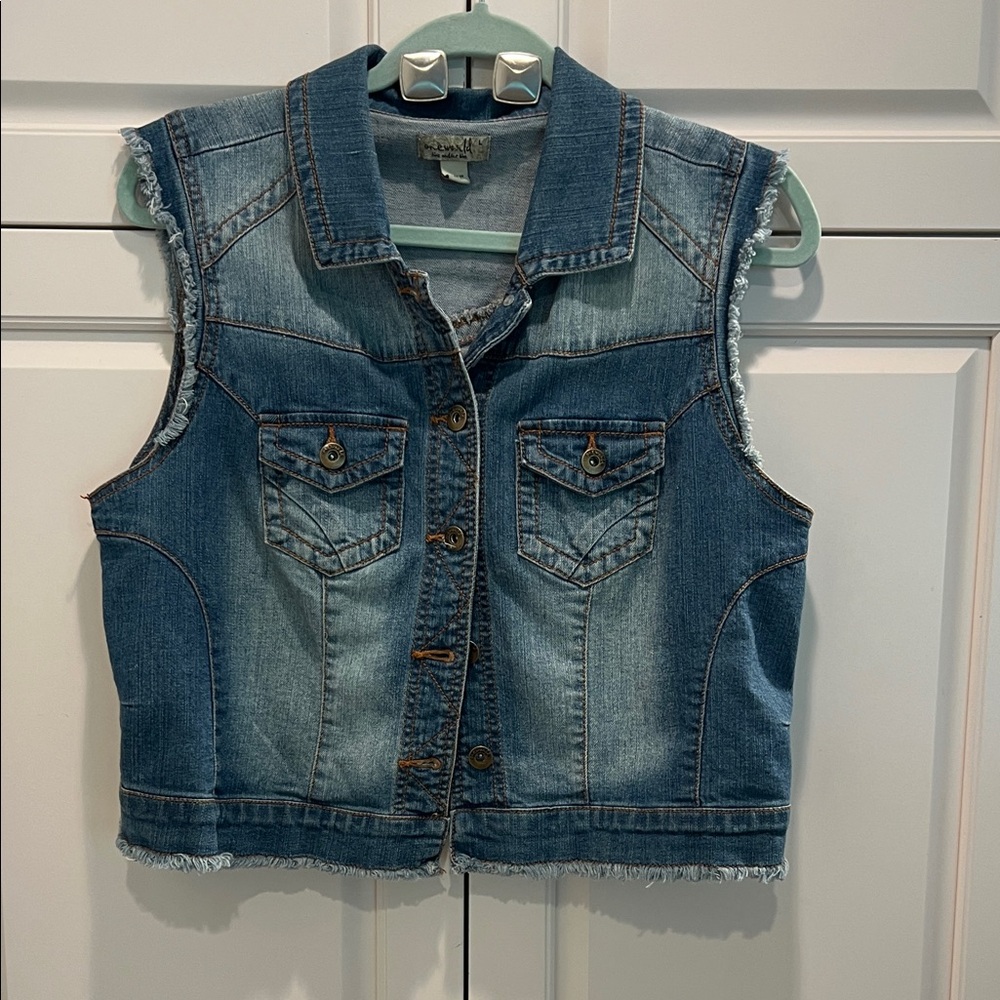 ONE WORLD Distressed Blue Denim Sleeveless Vest